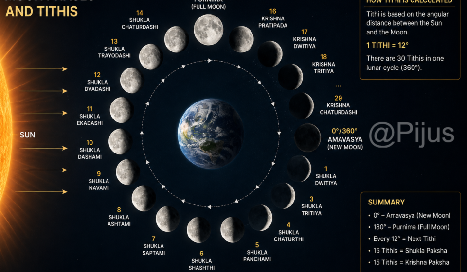 Moon phases and Tithis showing how the Sun and Moon determine Purnima and Amavasya