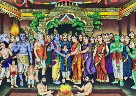 Lord Venkateswara and Padmavati in a traditional divine wedding scene