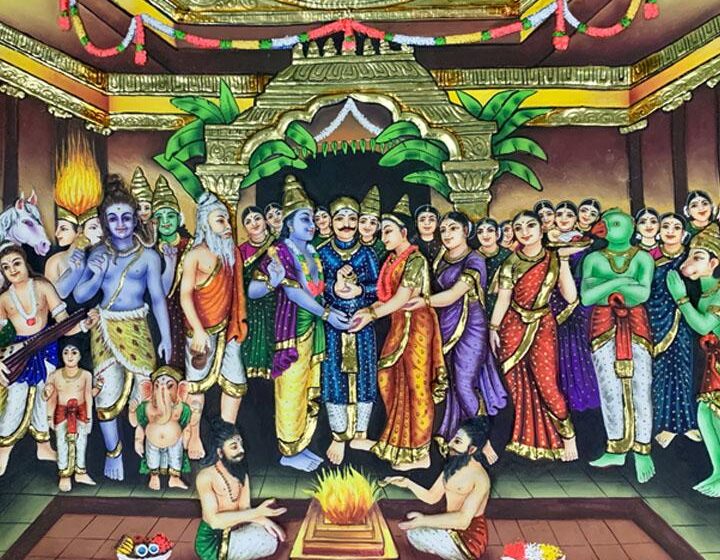Lord Venkateswara and Padmavati: Why Did Lord Venkateswara Come to Earth? Lord Venkateswara and Padmavati in a traditional divine wedding scene