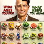 Split-face comparison showing foods that age skin fast like gummy sweets, chips, and fried food versus anti-aging foods like leafy greens, tomatoes, and berries