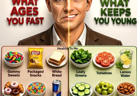 Split-face comparison showing foods that age skin fast like gummy sweets, chips, and fried food versus anti-aging foods like leafy greens, tomatoes, and berries