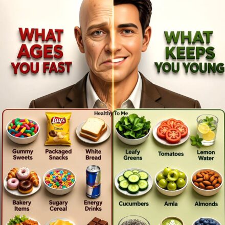 Split-face comparison showing foods that age skin fast like gummy sweets, chips, and fried food versus anti-aging foods like leafy greens, tomatoes, and berries