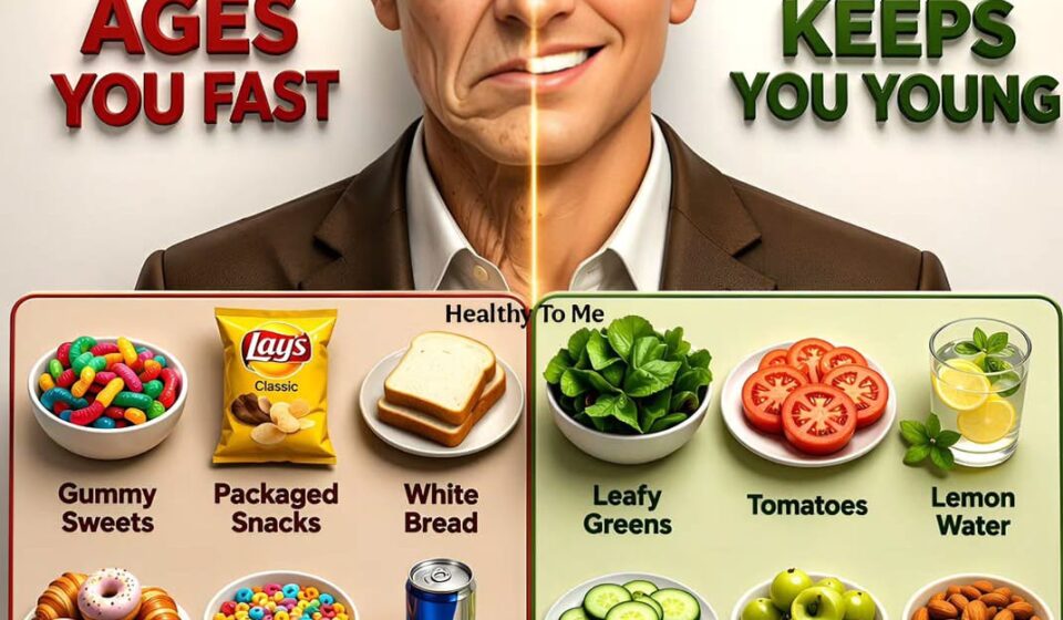 Foods That Age You Fast vs Foods That Keep You Young Split-face comparison showing foods that age skin fast like gummy sweets, chips, and fried food versus anti-aging foods like leafy greens, tomatoes, and berries